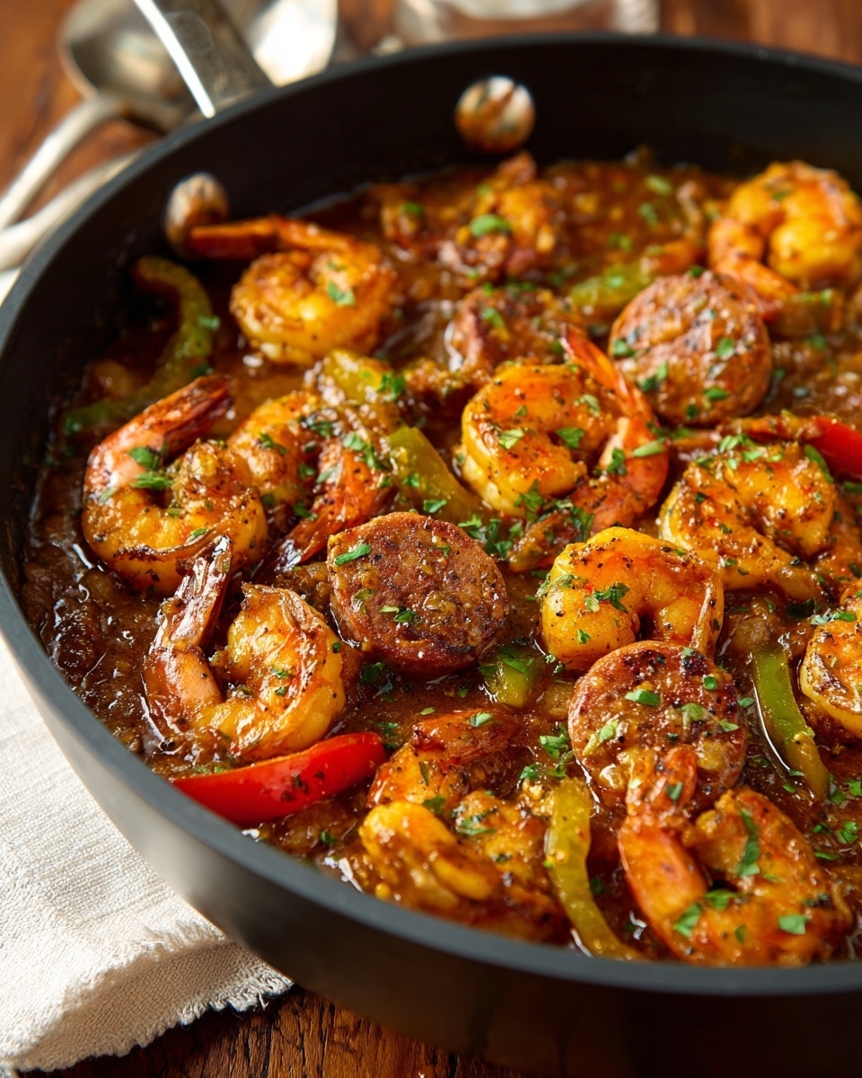 A close-up of a black pan filled with cooked shrimp, sausage pieces, and sliced green and red bell peppers in a rich brown sauce, all mixed together and garnished with small green herb bits scattered on top. The shrimp are orange with a slightly charred texture, and the sausage is browned and firm. The vegetables add splashes of red and green in the pan. The pan sits on a wooden surface, with a blurred white cloth and metal pan handle visible in the background. The overall scene is warm and inviting. photo taken with an iphone --ar 4:5 --v 7