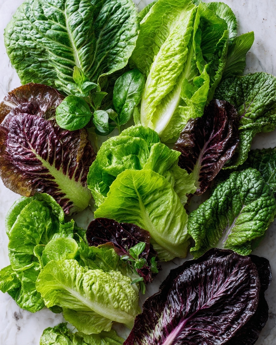 The image shows a close-up of many fresh green and purple lettuce leaves spread out evenly, with different shapes and textures. The green leaves are bright and crinkly with a soft texture, while the purple leaves are deeper in color with a smoother finish. There are subtle hints of herbs mixed in, adding more green shades and small leaf shapes around the lettuce. All the leaves rest on a white marbled surface that adds a clean and bright background to the arrangement. photo taken with an iphone --ar 4:5 --v 7