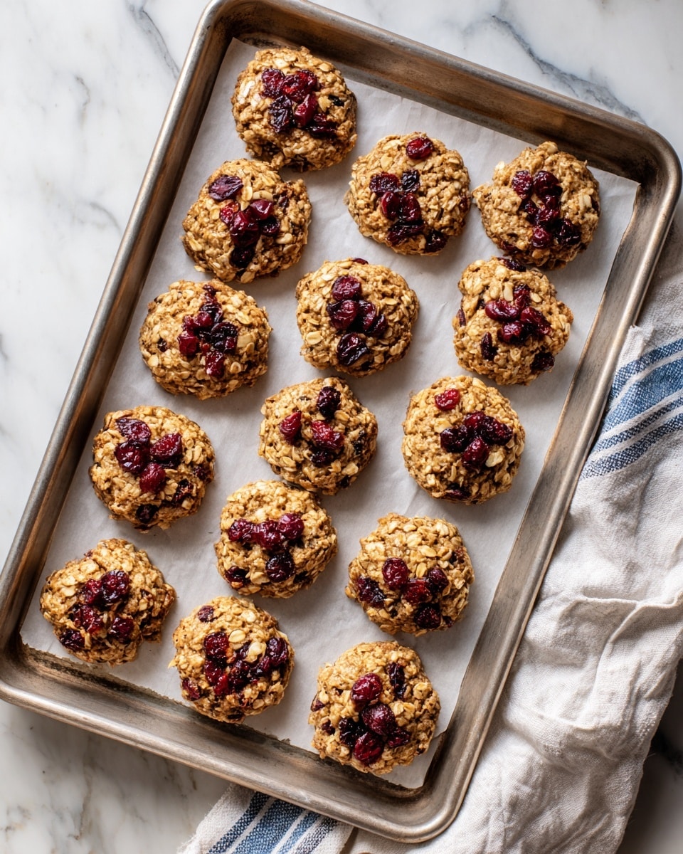 A metal baking tray holds twelve round cookies on white parchment paper, all with a rough texture showing oats and seeds mixed inside. The cookies are golden brown with clusters of dark red dried cranberries scattered on top. The tray is placed on a white marbled surface with a white cloth featuring blue stripes tucked under the right side. The cookies look slightly crunchy with uneven edges, arranged in three rows of four. photo taken with an iphone --ar 4:5 --v 7