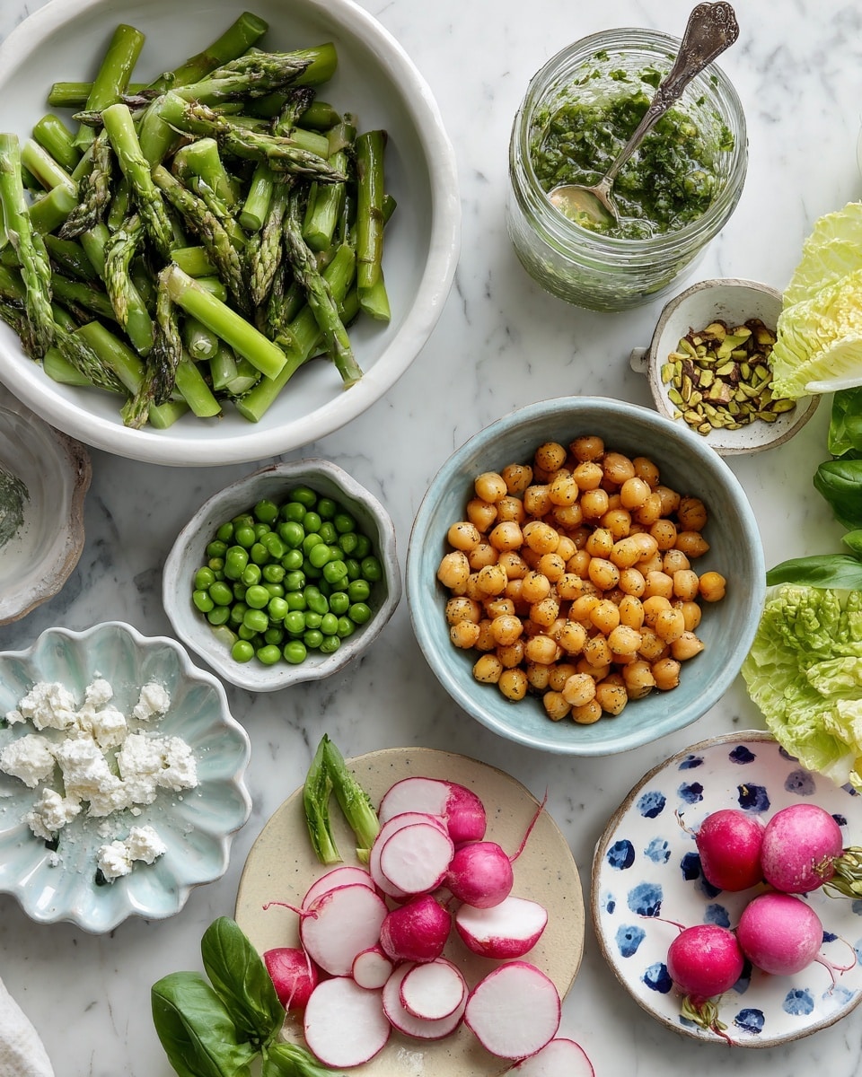 The image shows an arrangement of fresh and colorful ingredients on a white marbled surface, all in white dishes except for two small bowls. Starting from the top, there is a large white bowl filled with bright green asparagus pieces cut into bite sizes. To its right, a glass jar contains a green sauce with herbs and a silver spoon inside. Next to it, a small white bowl is filled with crushed green pistachios. Below that, a bigger white bowl holds golden-brown roasted chickpeas. Near the center right, a small beige bowl contains thinly sliced round radishes with white centers and red edges. In the middle left, a white scalloped plate carries bright green peas. Just below, on a small beige plate with blue dots, thin slices of watermelon radish are stacked, showing their white outer ring with deep pink centers. At the bottom left, a ceramic bowl has crumbled white cheese. Fresh green basil leaves are placed near the center, above a few large curved green lettuce leaves. Three whole radishes with red skin and white tips are also near the center. All ingredients are arranged neatly in a light and clean presentation photo taken with an iphone --ar 4:5 --v 7