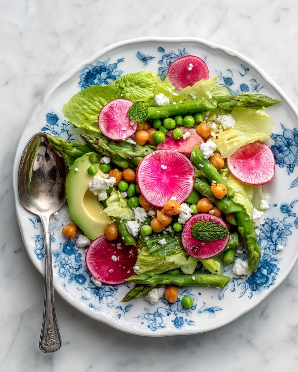 The image shows a colorful salad on a white plate with blue flower patterns, placed on a white marbled surface. The salad has several layers: green leafy lettuce and fresh mint leaves form the base, scattered with bright green peas and light green asparagus tips. There are round red radishes and thin round slices of pink watermelon radish placed on top. Cubes of creamy avocado and small golden-brown chickpeas are mixed through the salad, along with crumbled white cheese sprinkled over everything. A silver spoon is resting on the side of the plate, partially covered by salad. Photo taken with an iphone --ar 4:5 --v 7