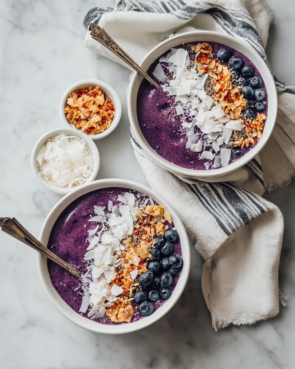 The image shows two parts on a white marbled surface. On the left side, there is a layer of fresh green spinach leaves spread out, mixed with small red raspberries and dark blackberries scattered evenly on top. On the right side, a silver spoon holds a scoop of light brown almond butter with a coarse texture, placed near the center, with the words