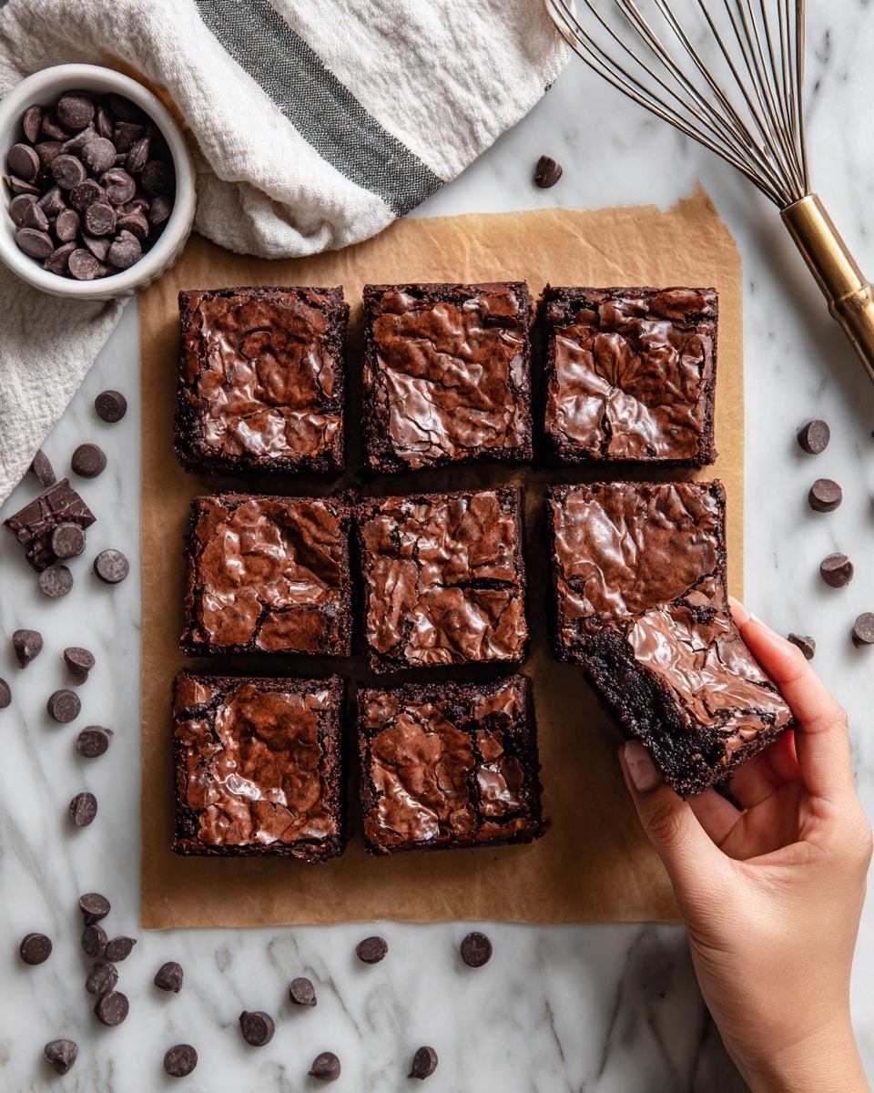 A set of 16 brownies arranged as a square on light brown parchment paper, placed on a white marbled surface. The top of each brownie is shiny and cracked, showing a rich, deep brown color with a slightly lighter brown around the cracks. One brownie near the bottom right is lifted and held by a woman's hand, revealing a dense, dark inner layer. Scattered chocolate chips are on the marbled surface, along with a white bowl filled with chocolate chips on the top left corner. A gold knife is near the bottom left, and a metal whisk is partially visible at the top right. A white cloth with black stripes is draped above the brownies. photo taken with an iphone --ar 4:5 --v 7