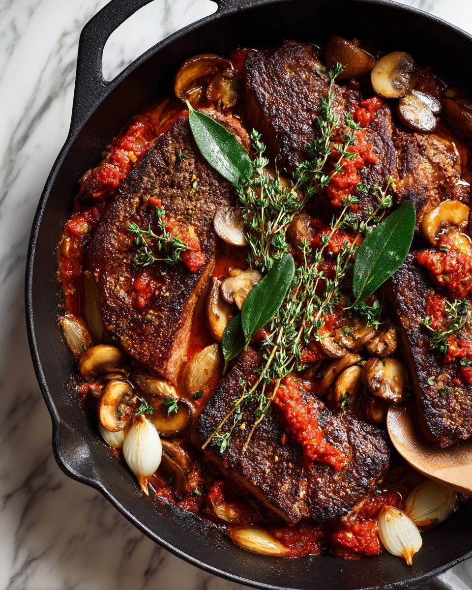 A black cast iron pan holds several large pieces of browned meat, each thick and textured with a grilled surface showing shades of light brown and pinkish red inside. Underneath and around the meat, there is a mixture of light tan sliced mushrooms and small chopped white onions. Bright red tomato paste rests on a wooden spoon stirring the dish, adding a strong color contrast. Sprigs of fresh green thyme and a glossy green bay leaf are scattered on top, adding freshness to the rich, meaty scene. Light steam rises from the pan, showing the dish is hot. The pan is set on a white marbled surface. photo taken with an iphone --ar 4:5 --v 7