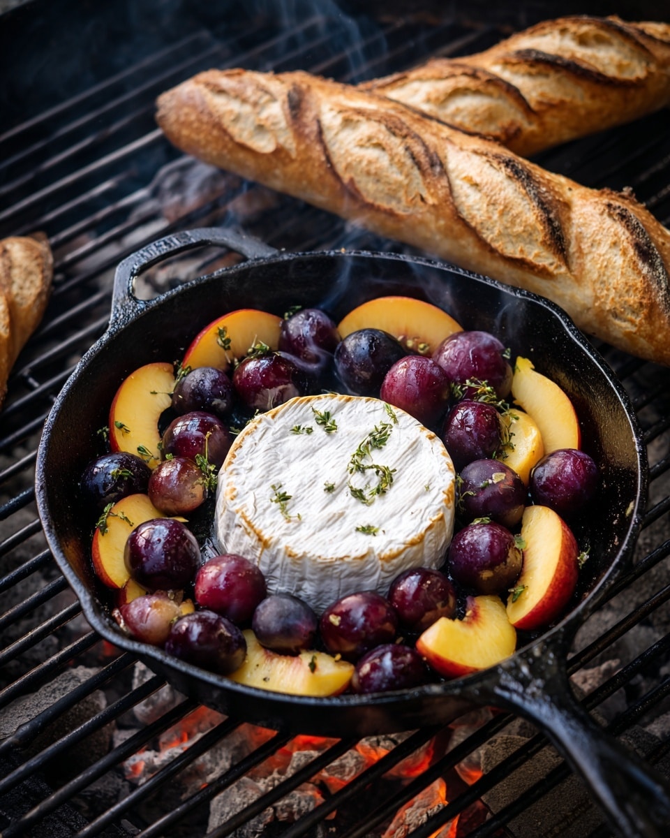 A black cast iron skillet filled with a round white cheese in the center, topped with green herbs. Around the cheese, there are yellow peach slices and dark purple grapes arranged in a circular pattern. Next to the skillet, there is a white rectangular plate holding toasted slices of bread and a bunch of dark grapes with a halved peach placed beside it. A stack of white plates with a small red design in the middle rests nearby on a light-colored patterned tablecloth with a white marbled texture surface. There are small pots of flowering plants with pink and white flowers, one pot with green and purple leaves, and a basket filled with whole peaches. A knife with a wooden handle lies on the table near a piece of bread. The setting is outside with tall black chairs and green leafy plants in the background. Photo taken with an iphone --ar 4:5 --v 7
