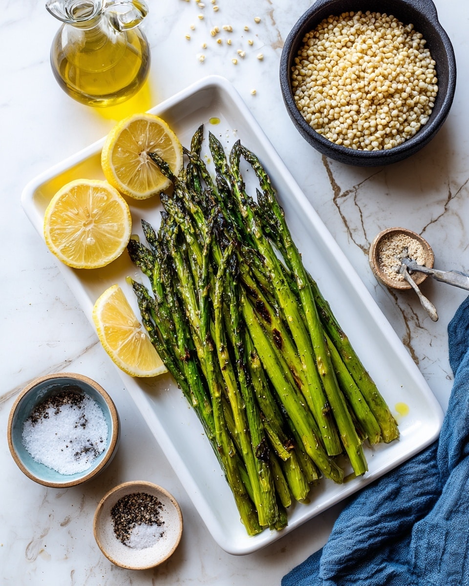 A white rectangular tray holds a bunch of green grilled asparagus spears arranged neatly on the right side. On the left side of the tray, there are three lemon halves placed closely together. The asparagus shows some light char marks, giving a slightly textured look. Next to the tray, on a white marbled textured surface, are two small round bowls - one with coarse salt and the other with cracked black pepper. There is a small glass bottle of olive oil nearby and a black round pot filled with cooked barley grains that has its lid placed slightly to the side. A blue cloth napkin is partially visible near the bottom right corner. The overall setting is bright and clean. Photo taken with an iphone --ar 4:5 --v 7