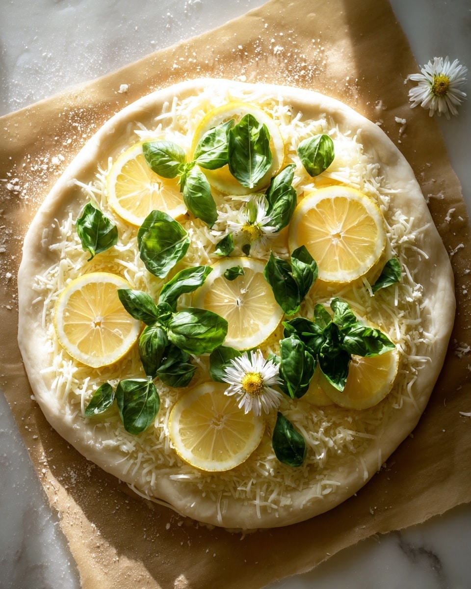 A round pizza dough base lies flat on brown parchment paper over a white marbled surface. The dough is topped with a thin, even layer of shredded white cheese. On top of the cheese, there are scattered slices of pale yellow lemon arranged across the pizza. Fresh green basil leaves are spread generously over the lemon slices, creating a mix of colors and textures. A single small white flower with a yellow center rests near the top edge of the pizza. The scene is lit by warm sunlight, giving the ingredients a fresh and vibrant look photo taken with an iphone --ar 4:5 --v 7