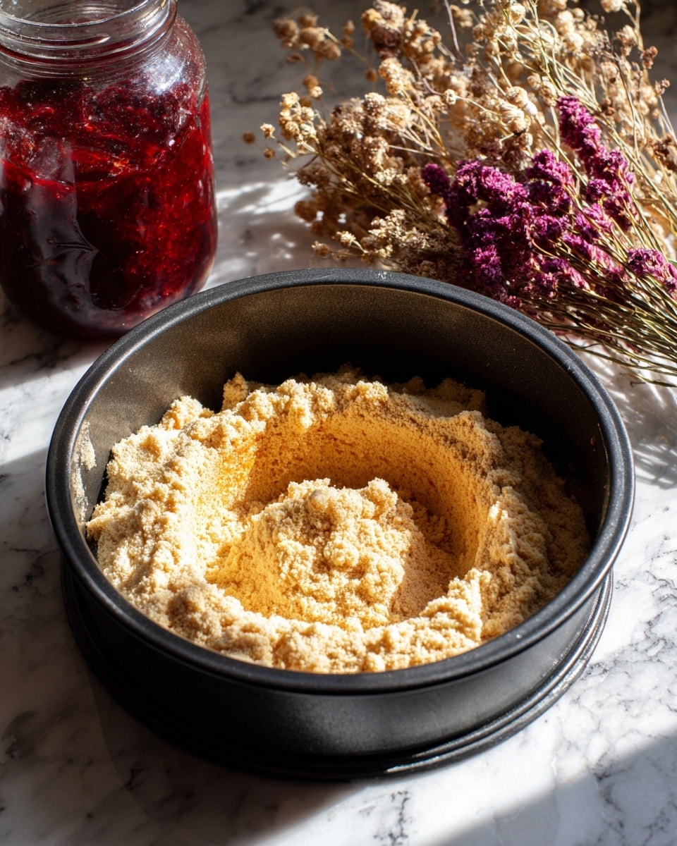 The image shows a round black metal bundt pan filled with a crumbly light brown mixture, likely a cake or dessert batter, with a rough and uneven texture spread inside, including some yellowish parts near the center tube. The pan is set on a dark surface with sunlight casting shadows, and behind it, there is a glass jar filled with bright red jam and a bunch of dried light brown and purple flowers on the right side. The background surface is now a white marbled texture. Photo taken with an iphone --ar 4:5 --v 7