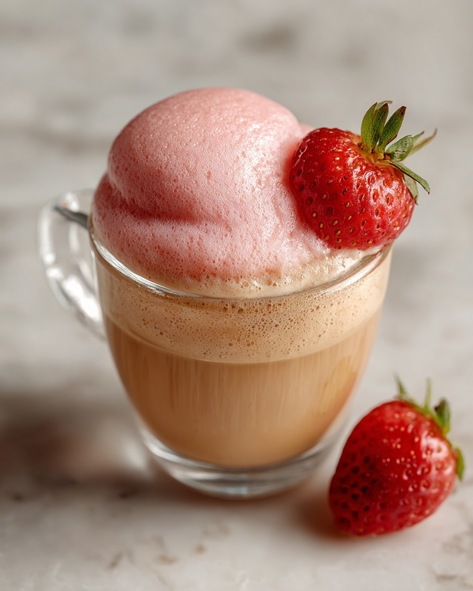A clear glass cup filled with a light brown coffee layer at the bottom and a thick, frothy pink foam layer on top. The pink foam has a smooth and creamy texture, almost spilling over the edge of the glass. A bright red strawberry is placed on the rim, adding a pop of color. The cup sits on a white marbled surface with a whole strawberry nearby. photo taken with an iphone --ar 4:5 --v 7