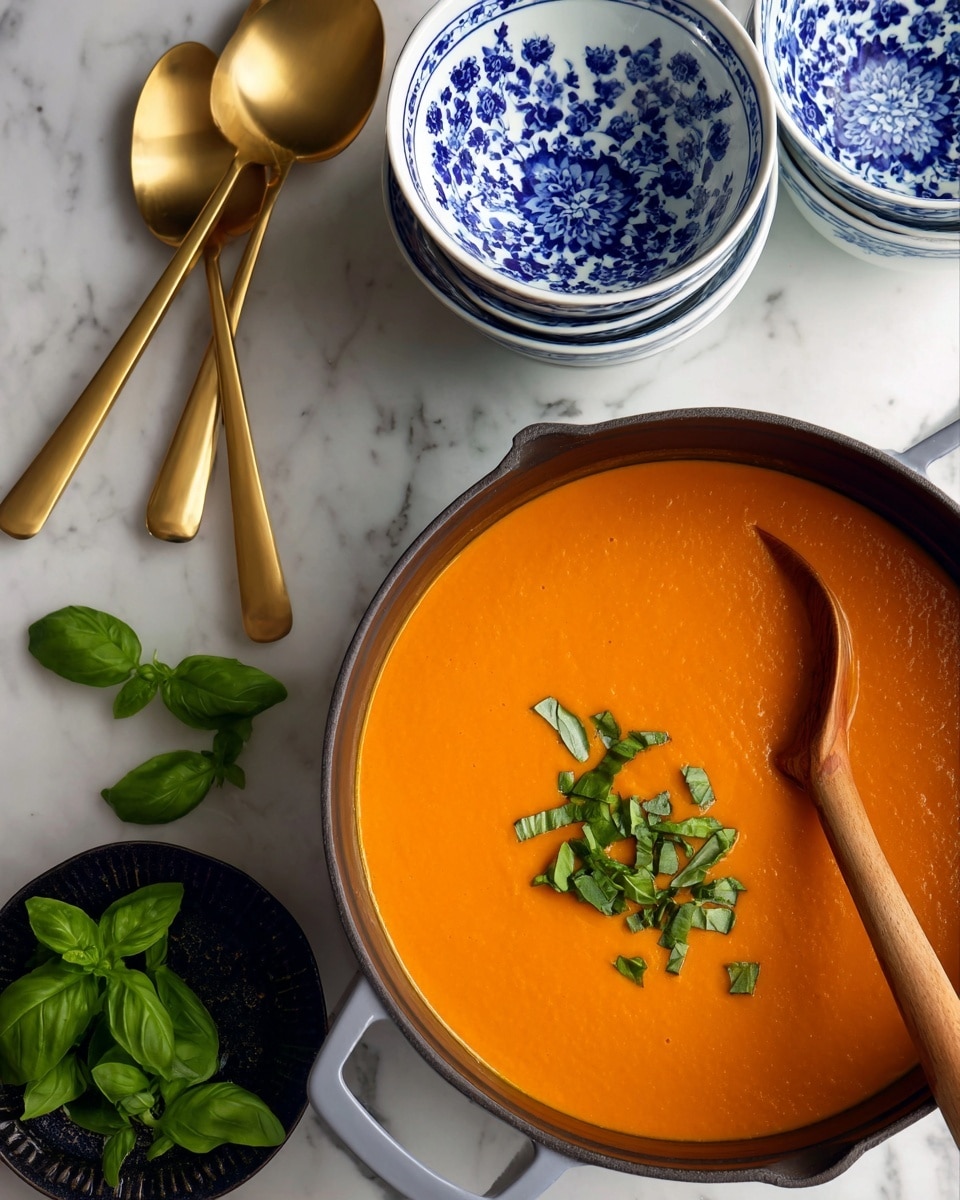 A dark pot filled with smooth orange soup is shown from above, topped with a small bunch of bright green basil leaves in the upper right area. A light wood spoon rests inside the soup, leaning toward the bottom center. Below the pot, two white bowls with blue flower patterns sit side by side, empty. To the top left, two shiny golden spoons cross slightly over each other. A small black dish with fresh green basil leaves sits near the bottom left corner, with a few loose basil leaves scattered nearby. The background is a white marbled surface. Photo taken with an iphone --ar 4:5 --v 7