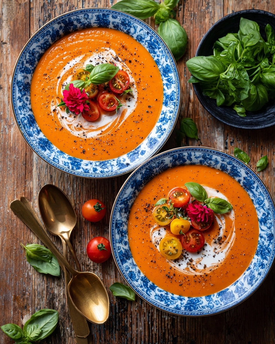 Two white bowls with blue floral patterns are filled with smooth orange soup, each bowl topped with a swirl of white cream and a sprinkle of black pepper. On one side of each bowl sits a cluster of red and yellow cherry tomato halves, a small red flower, and green basil leaves. The bowls are placed on a wooden surface with scattered fresh basil leaves around them. Two gold spoons lie beside the bowls, and there is a small black bowl filled with fresh basil leaves near the top right. photo taken with an iphone --ar 4:5 --v 7