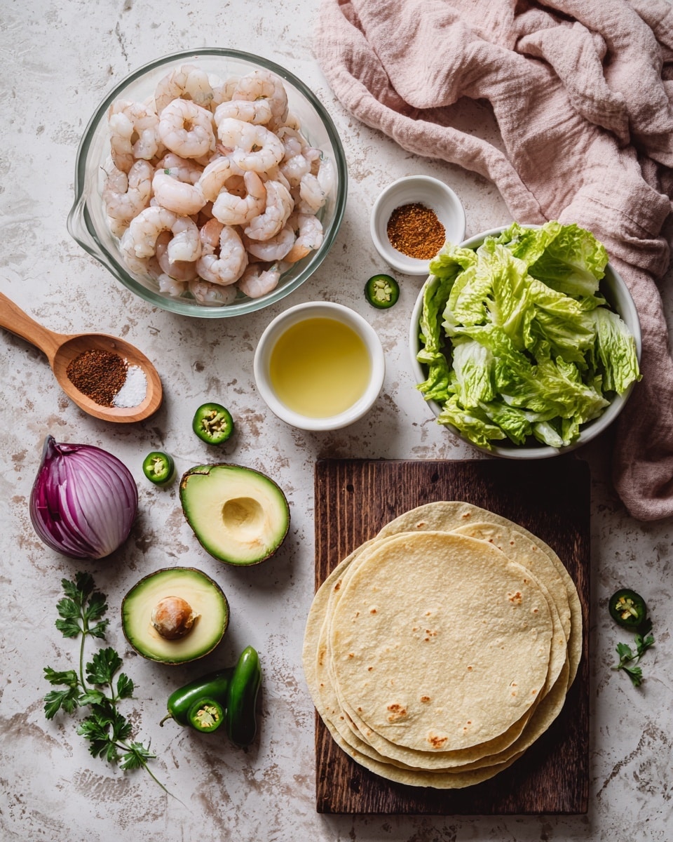 The image shows key ingredients arranged on a white marbled surface for making shrimp tacos. In a clear bowl at the center are raw, peeled shrimp, white with light pink hues. To the right, there is a white bowl filled with fresh, leafy green lettuce. Below the shrimp, there is a stack of five round, pale yellow corn tortillas resting on a dark wooden board. Next to the tortillas, a halved avocado shows its bright green flesh and brown seed, while the other half sits nearby with the seed removed. On the same wooden board, three whole green jalapeño peppers lie beside the shrimp bowl. Two halves of red onion with deep purple rings and white centers sit above the shrimp. To the left, a wooden spoon shaped dish holds five different spices arranged in lined piles, from brown to red and greenish brown. Below that, a small white bowl holds light yellow cooking oil. The scene is completed by a light pink cloth draped partially at the edges, with some fresh green herb leaves near the top. Photo taken with an iphone --ar 4:5 --v 7