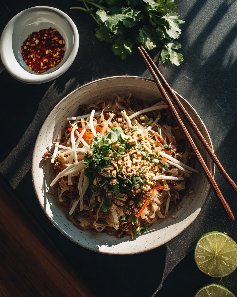 A bowl of stir-fried rice noodles sits on a dark surface with light shining on it. The bottom layer is flat, light brown noodles mixed with thin red and white strips of vegetables. On top of the noodles, there are small pieces of brown meat, bean sprouts, and fresh green herbs scattered around. The center is covered with chopped green onions, cilantro, and crushed peanuts. Dark wooden chopsticks rest on the bowl's edge. A small white bowl with red chili flakes and a lime wedge is near the bottom right, and half a lime is placed to the side. The photo has a natural warm light and a casual feel. photo taken with an iphone --ar 4:5 --v 7