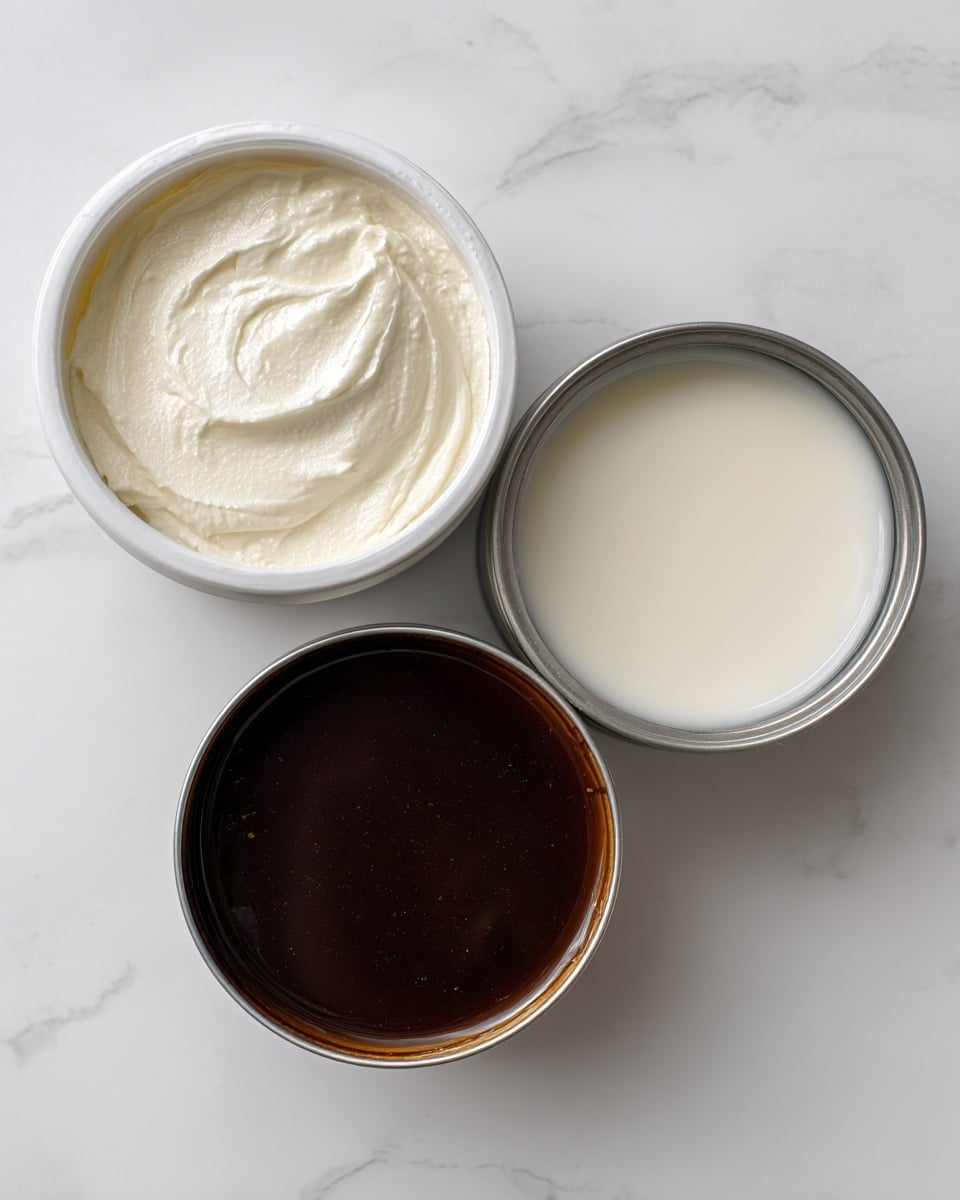 The image shows three small white containers placed on a white marbled surface. The top left container holds a thick white cream with a smooth texture, while the top right container is metallic on the outside with a bright white liquid inside that looks like milk. Below these, there is a dark steel container filled with a thick, dark brown liquid that has a slight shine. The containers are simple and arranged in a triangular shape, highlighting the different colors and textures of the liquids inside. photo taken with an iphone --ar 4:5 --v 7