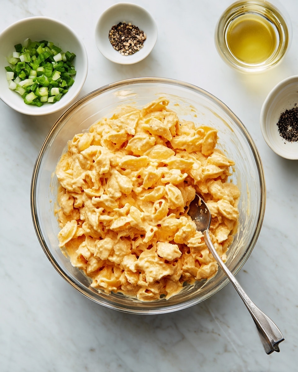 A clear glass bowl filled with a creamy, light orange-colored mixture of macaroni or small pasta, with a textured, smooth sauce evenly coating each piece. Inside the bowl, a silver spoon is placed on the left side, with its handle leaning outside the bowl. Around the bowl on a white marbled surface, there are four small white bowls, each containing different small ingredients: the top left bowl has chopped green vegetables, the top right bowl holds a light yellow liquid, the bottom right bowl has black pepper, and the bottom left bowl is out of clear view but partially visible. The photo taken with an iphone --ar 4:5 --v 7