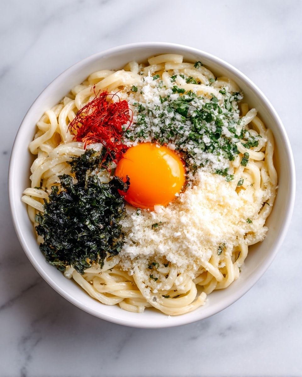 A white bowl filled with thick, creamy noodles arranged in a circular pattern, topped in the center with a bright orange raw egg yolk. Surrounding the yolk are layers of finely grated white cheese, chopped green herbs, thin strands of red chili, and a small pile of dark green seaweed on one side. The bowl sits on a white marbled surface. photo taken with an iphone --ar 4:5 --v 7