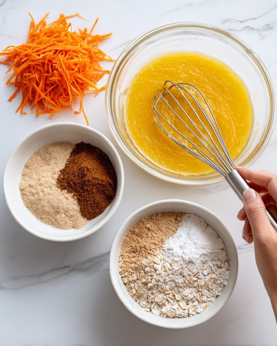 The image shows a clear glass bowl with a yellow wet mixture being stirred by a woman's hand holding a metal whisk. Next to this bowl, there is a white bowl with dry ingredients layered in four sections: light brown sugar, light beige oats, dark brown cinnamon or spice powder, and white flour. Above these bowls, there is a small pile of shredded orange carrots on the white marbled surface. The scene is bright and clean, with all items arranged closely together. photo taken with an iphone --ar 4:5 --v 7