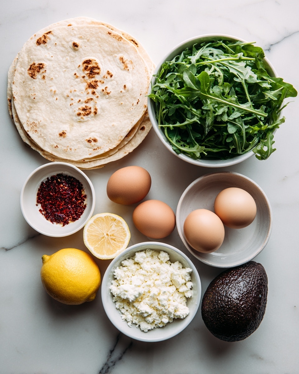 The image shows a flat lay of fresh ingredients on a white marbled surface with two flour tortillas placed on the top left, slightly overlapping. To the right of the tortillas, there is a white bowl filled with bright green arugula leaves. Above this bowl is a smaller white bowl containing red chili flakes. Below the tortillas, there is a lemon sliced in half with the cut sides facing up, and next to it, two brown eggs are positioned side by side. Below the eggs, a white bowl is filled with crumbled white cheese. To the right of the bowl with cheese, there is one whole dark brown avocado resting on the surface. The items form a loose circle of fresh, colorful ingredients. photo taken with an iphone --ar 4:5 --v 7