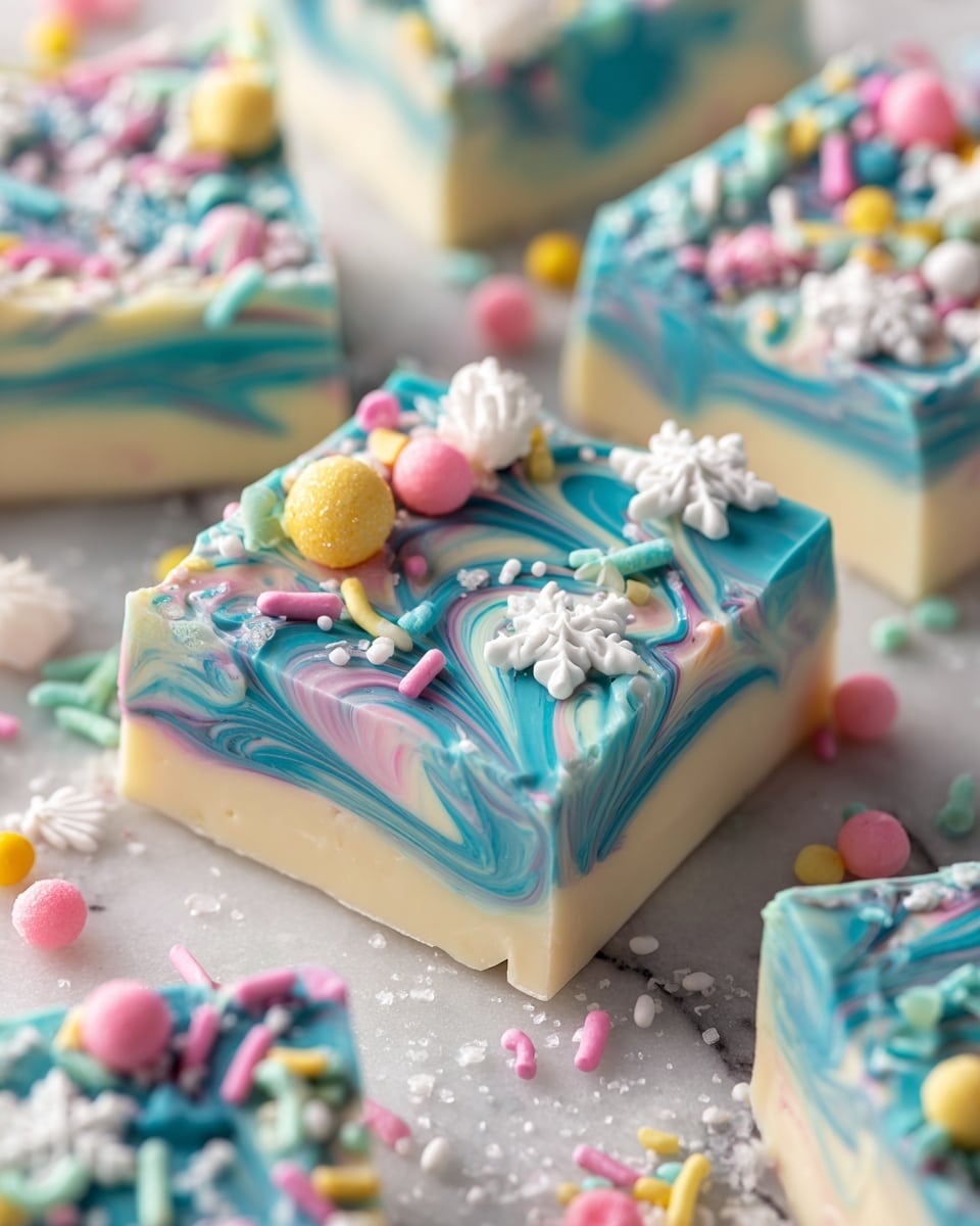 The image shows several square pieces of candy bark with two layers; the base layer is creamy white, and the top layer is swirled with shades of light blue and white. The surface is decorated with many colorful sprinkles, including small white snowflakes, pink flowers, pastel yellow and green rods, tiny pink and yellow balls, and other pastel-colored shapes scattered mostly on top and a few around the pieces. The candy pieces are placed on a white marbled surface with some sprinkles scattered around. The candies have a smooth, glossy texture and bright colors, creating a festive, cheerful look. photo taken with an iphone --ar 4:5 --v 7