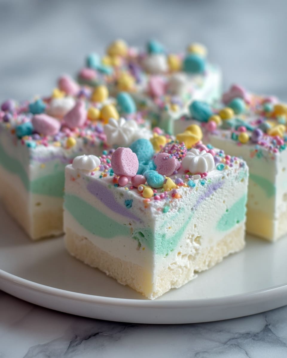 The image shows small square pieces of a soft, creamy dessert with two main layers: the bottom layer is white with light green swirls, and the top layer is white with colorful sprinkles on it. The sprinkles are in different shapes and pastel colors like pink, yellow, blue, green, and white, including flowers, rods, and small round balls. The squares are placed neatly on a white plate with a faint shine, and the background features a white marbled texture. The dessert looks smooth with a slight fluffy texture around the edges photo taken with an iphone --ar 4:5 --v 7