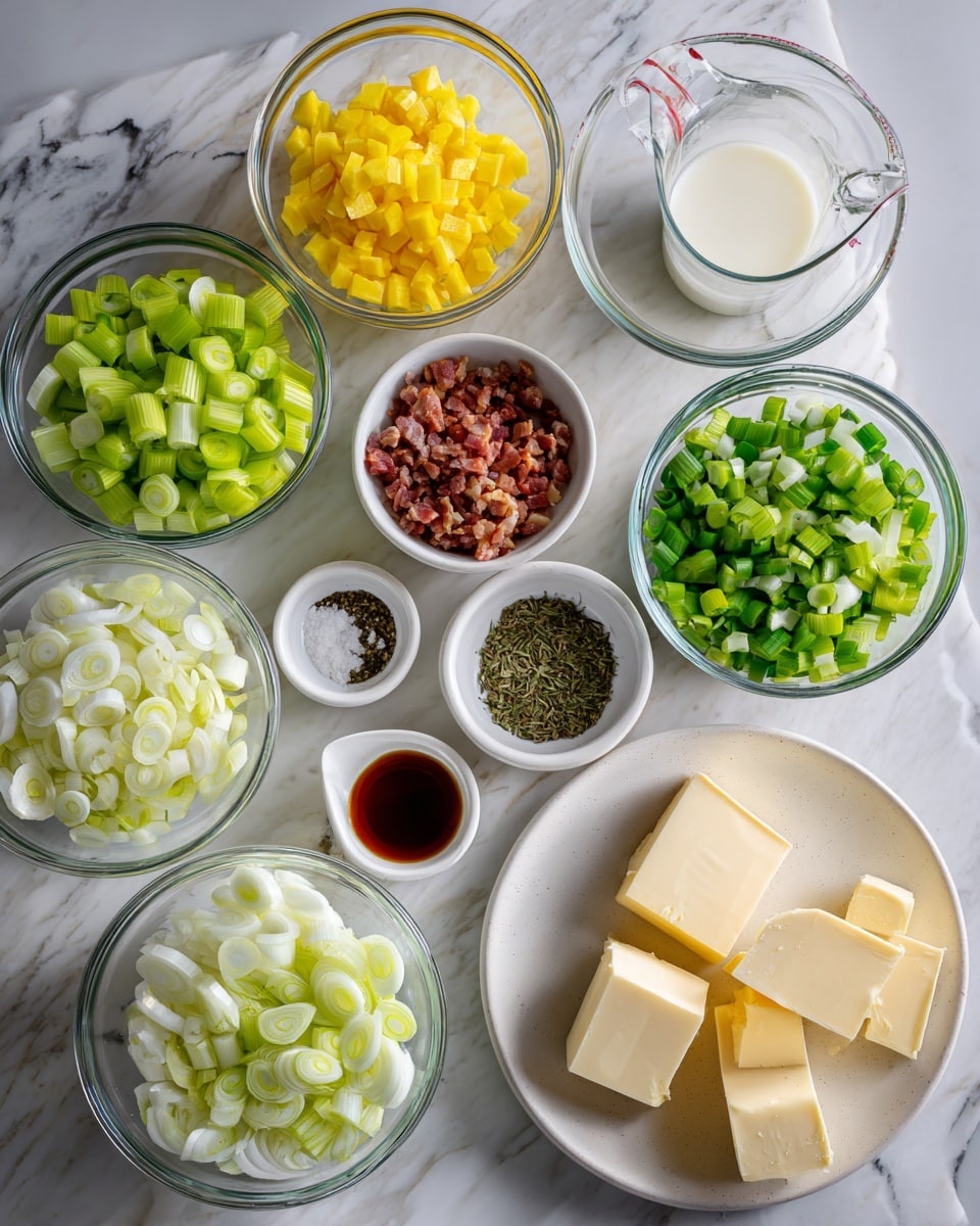 The image shows many small clear bowls with different chopped vegetables and ingredients arranged neatly on a white marbled surface. There are bright yellow diced pieces in one bowl, green diced pieces in another, and finely chopped white onions. Next to these are sliced green celery and leek rings spread out in layers. A few small white bowls contain dried herbs, chopped bits of bacon or meat, ground black pepper, and salt. There is also a glass measuring cup filled with a white liquid, another small bowl with a dark red liquid, and a plate holding chunks of pale yellow butter. The overall look is fresh and colorful, with every ingredient clearly visible and arranged for easy use. Photo taken with an iphone --ar 4:5 --v 7