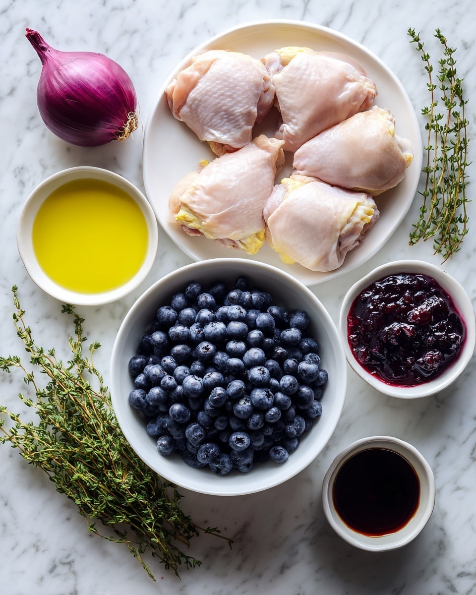 A white bowl filled with fresh, dark blue blueberries sits at the center on a white marbled surface. To the top right, a white plate holds five raw chicken thighs with pale pink skin and some yellow fat. Below the plate, a bunch of fresh green thyme sprigs are laid out. Just above the blueberries, there is a small white bowl with golden olive oil. On the left side, a purple-red onion and a whole garlic bulb rest on the surface. Below the onion, a white bowl contains a dark red jam or sauce with a few garlic cloves in it. Lastly, at the bottom center, there is a small cup filled with a dark brown liquid, possibly balsamic vinegar. Photo taken with an iphone --ar 4:5 --v 7