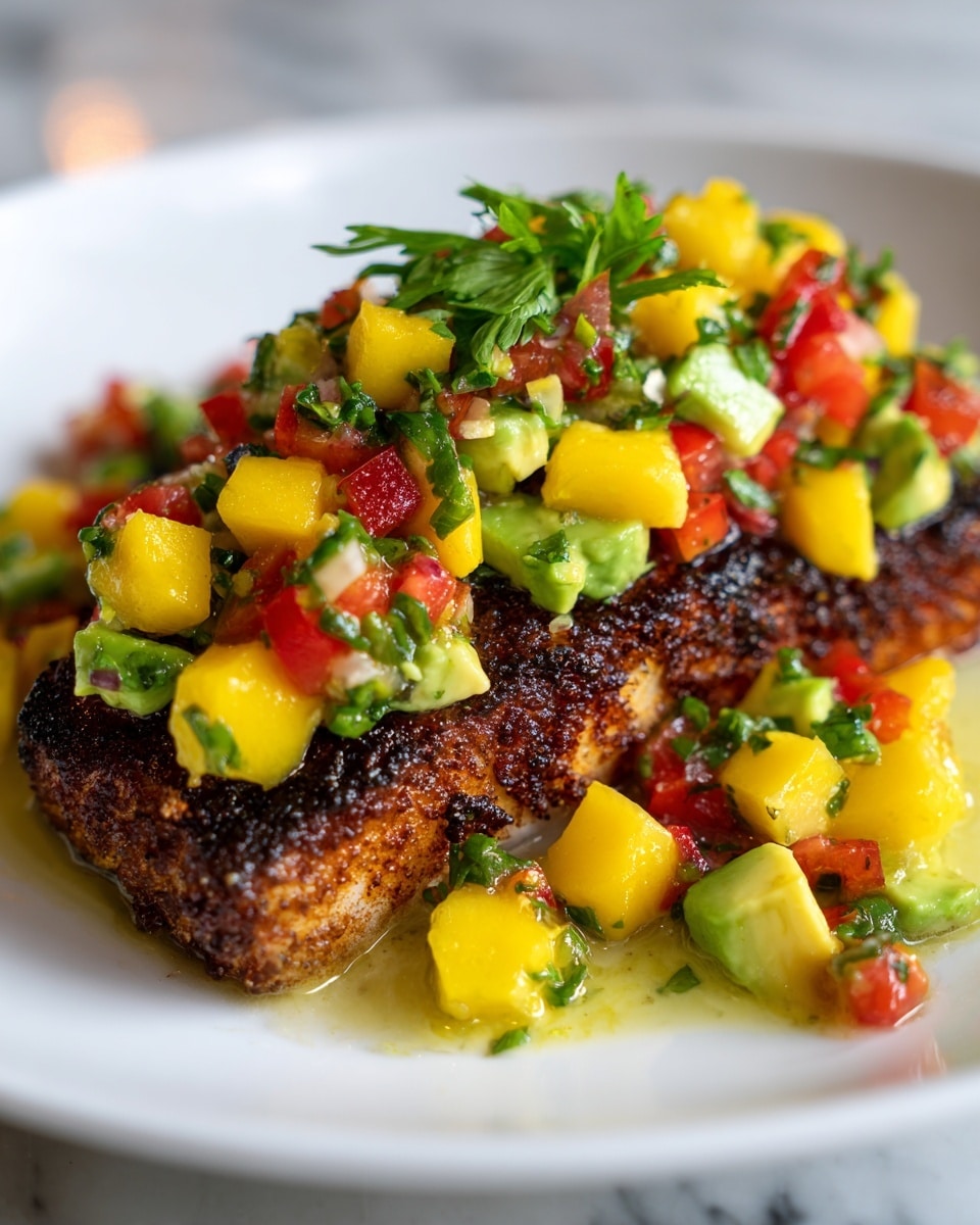 A close-up view of a cooked brown fish fillet placed on a white plate, topped with a colorful salsa made of small cubes of yellow mango, green avocado, bright red tomato, and chopped green herbs, creating a fresh and vibrant layer. The fish has a crispy texture with a slight char, and the topping sits thickly on top, slightly spread along the fillet's length. The white plate is set on a white marbled surface, emphasizing the vivid colors of the dish. Photo taken with an iphone --ar 4:5 --v 7