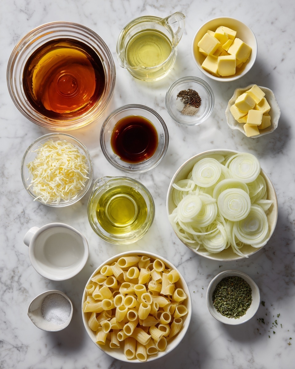 A white bowl filled with one layer of creamy pasta made from short twisted noodles, coated evenly in a pale yellow cheese sauce, and sprinkled with small chopped green herbs on top. A gold textured spoon is placed inside the bowl on the right side. Around the bowl, there are several toasted bread slices, a half white onion, green herbs, and a small white bowl with additional green herbs, all set on a white marbled surface. Photo taken with an iphone --ar 4:5 --v 7