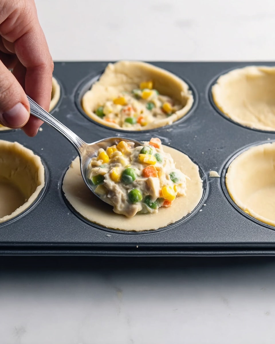 The image shows three small pies placed on a wooden board. Each pie has a golden brown, flaky crust forming a thick outer shell with slight crinkles around the edges. Inside, the filling is creamy and pale yellow with visible chunks of orange carrot, yellow corn, green peas, and small pieces of light beige chicken evenly mixed throughout. The pies are round and slightly raised, with one pie in the front and two more blurred in the background. The background under the board is a white marbled texture. photo taken with an iphone --ar 4:5 --v 7