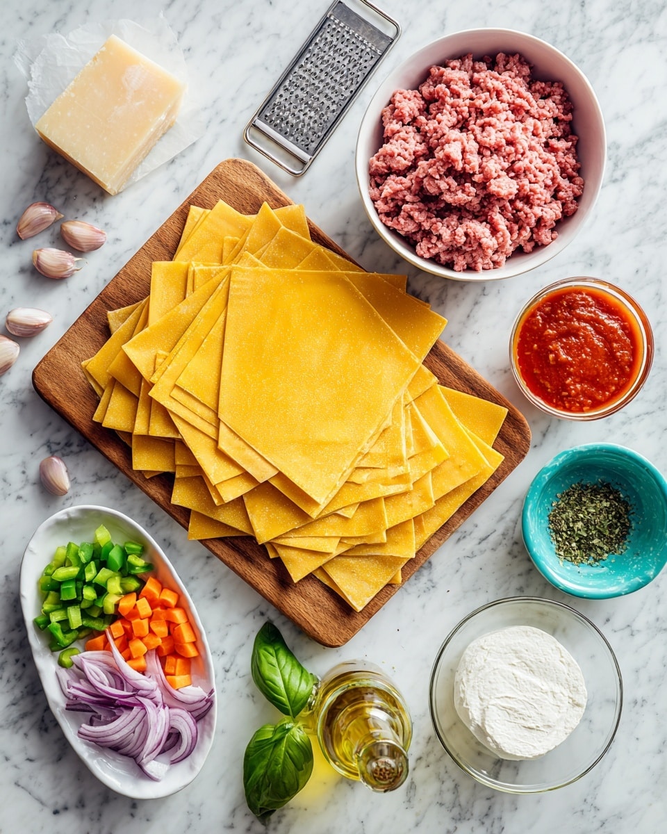 The image shows ingredients arranged for cooking lasagna on a white marbled surface. In the center, there is a wooden board with several layers of yellow dry lasagna sheets piled unevenly and some smaller broken pieces on top. To the upper left of the board is a white bowl filled with ground meat, showing a rough, pink texture. Surrounding the board are small bowls and dishes; a small square block of cheese with a metal grater is at the top left, diced green bell pepper, orange carrot, and purple onion pieces are in a white oval tray on the bottom left, and a few garlic cloves are placed near the onions. To the upper right of the board, a small glass bowl holds thick, red tomato sauce, a small turquoise bowl next to it contains dried green herbs, and a round white bowl has a smooth white cheese or ricotta. There is also a clear glass bottle filled with light yellow olive oil resting on the wooden board, and fresh green basil leaves sit near the tomato sauce. A small white dish with salt and pepper is also in the frame. The photo taken with an iphone --ar 4:5 --v 7