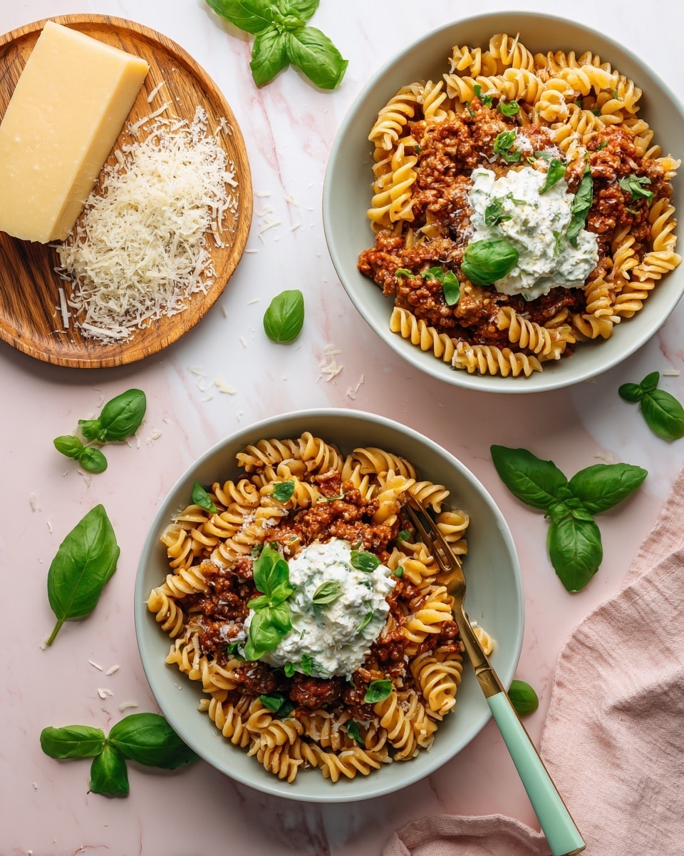 A white bowl filled with a layered pasta dish, showing several layers of curly pasta mixed with a rich red tomato meat sauce that has visible chunks of ground meat and vegetables. On top, there is a layer of melted white cheese with creamy texture and small green basil leaves scattered for garnish. The bowl sits on a white marbled surface with a blurred second bowl of the same dish in the background. Photo taken with an iphone --ar 4:5 --v 7