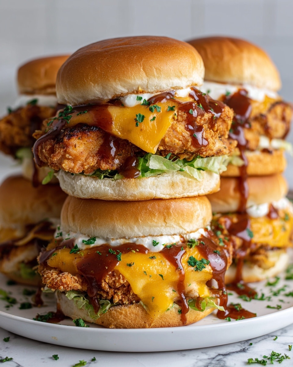 The image shows several sliders placed on a white marbled surface. Each slider has three layers: a soft, shiny, golden-brown top bun with slight wrinkles, a crispy, golden fried chicken patty covered with melted orange-yellow cheese that softly drips over the sides, and a white bottom bun toasted lightly with crisp edges. Small pieces of chopped green onion are sprinkled on the melted cheese, adding a fresh pop of green color. The sliders are arranged closely, with some partially visible, giving a cozy and appetizing look. photo taken with an iphone --ar 4:5 --v 7