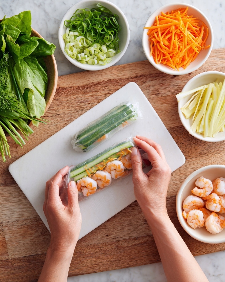 The image shows several fresh spring rolls placed on white parchment paper, arranged in a circle around a small white bowl filled with creamy brown peanut sauce topped with chopped peanuts. Each spring roll has a transparent rice paper outer layer, revealing colorful fillings inside that include bright orange carrot sticks, green leafy vegetables, and light pink cooked shrimp on top. The rolls rest on green leafy lettuce scattered around the parchment paper. In the background, there is a white bowl with purple cabbage and orange carrot sticks, all set on a white marbled surface. Photo taken with an iphone --ar 4:5 --v 7
