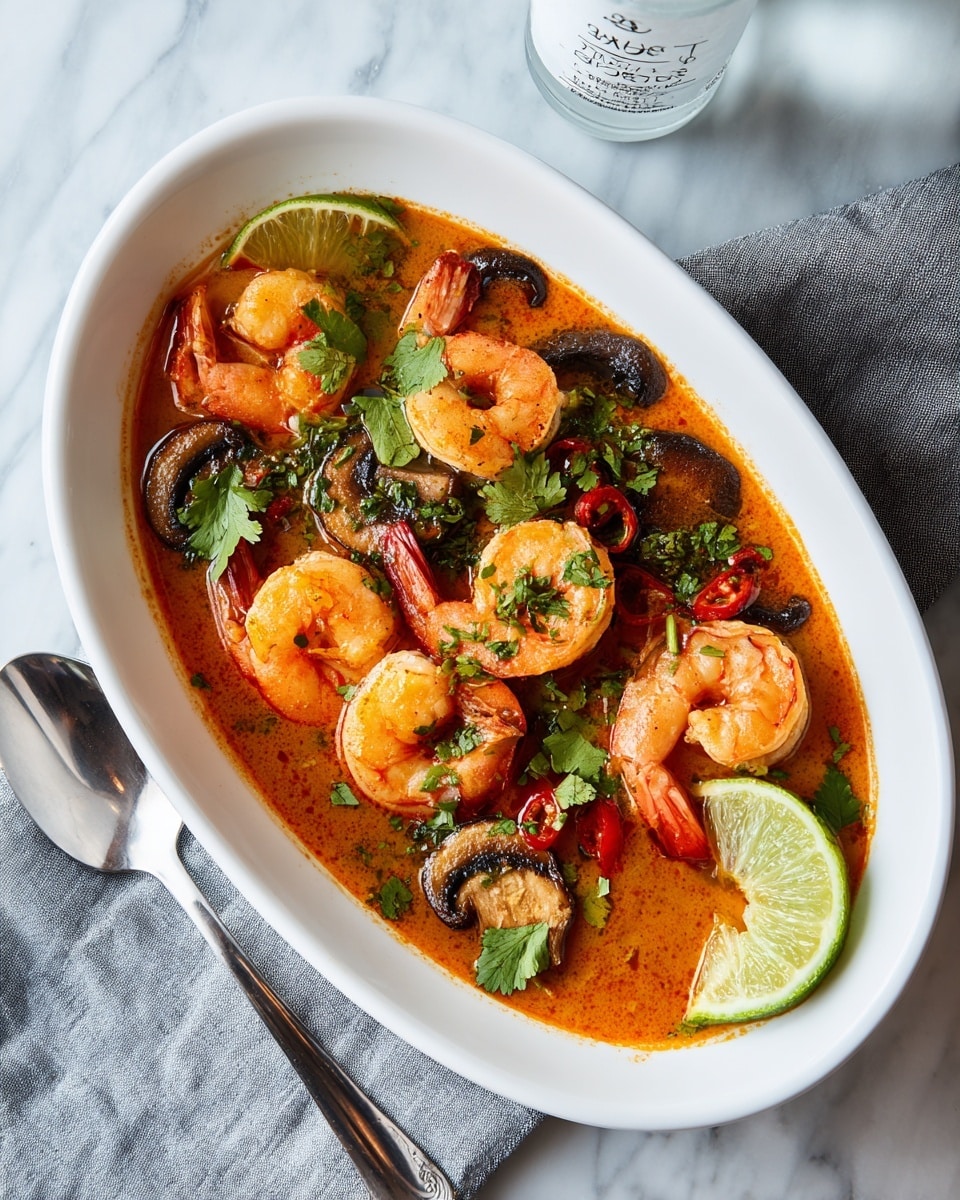 The dish is shown in a white oval bowl placed on a white marbled surface. Inside, there are about eight pink shrimp with a slight curve, resting in a rich orange-red broth that fills the bottom. Scattered on top and in the broth are red chili slices, dark brown mushroom pieces, and fresh light green herbs. A bright lime wedge sits on the edge of the bowl, adding a fresh pop of color. The textures show the shrimp as smooth and firm, the mushrooms soft and slightly spongy, and the broth clear but thick. On the left side of the bowl, a silver fork rests. A white bottle with black text stands on the upper right next to a gray cloth. Photo taken with an iphone --ar 4:5 --v 7