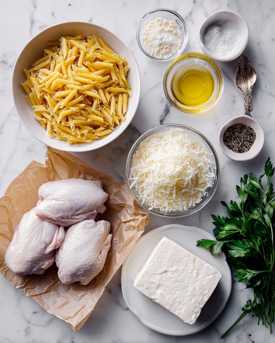 The image shows a white rectangular baking dish filled with baked penne pasta. The pasta is covered with a creamy white sauce on the bottom layer, topped with browned melted cheese and golden breadcrumb crumbs that add a rough texture. Small bits of green herbs are sprinkled over the top, giving color contrast to the yellow and white pasta. The edges of some pasta pieces are slightly browned, adding a toasted look. The dish sits on a wooden surface against a white marbled texture background. photo taken with an iphone --ar 4:5 --v 7