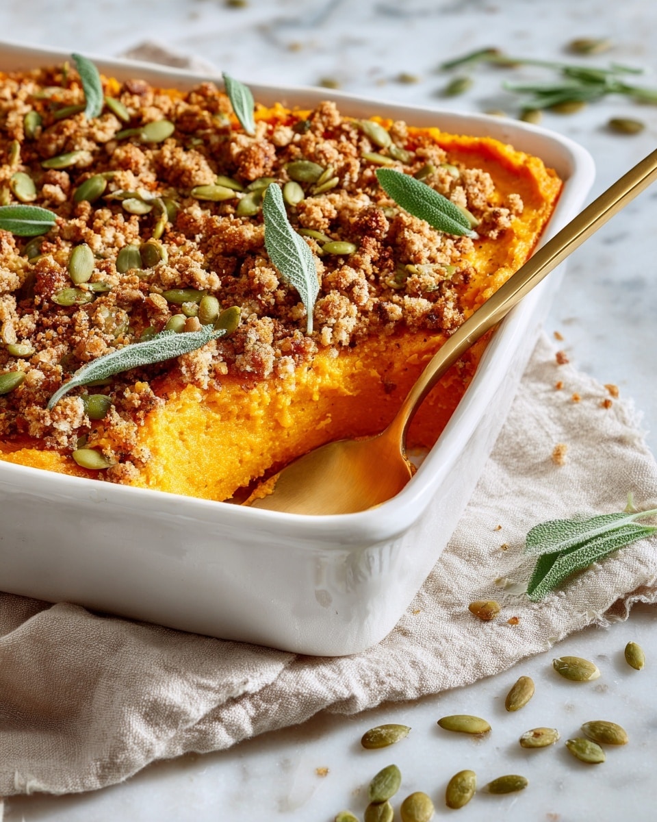 A white rectangular baking dish contains a layered sweet potato casserole with two distinct layers: the bottom layer is smooth and bright orange mashed sweet potatoes, while the top layer is a crumbly, golden-brown streusel topping mixed with green pumpkin seeds and fresh green sage leaves scattered on top for garnish; a gold spoon is placed inside the dish on the right side, resting on the topping and digging slightly into the orange layer. The dish is set on a white marbled surface with a light beige cloth under the dish and scattered green pumpkin seeds around it. Photo taken with an iphone --ar 4:5 --v 7