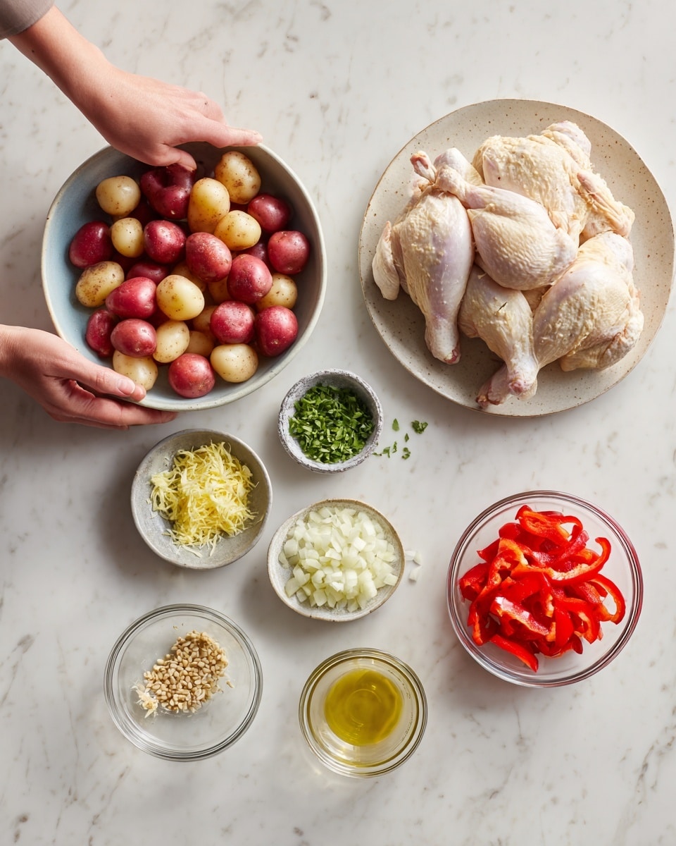 A metal tray filled with five brown roasted chicken pieces placed evenly, each with a crispy skin topped with green herbs. Surrounding the chicken are small round yellow and light brown potatoes, mixed with bright red cherry tomatoes and green asparagus spears arranged in clusters on both sides of the tray. The vegetables and chicken pieces look slightly shiny with oil and seasoned with visible herbs and pepper. The tray is set on a white marbled surface. Photo taken with an iphone --ar 4:5 --v 7