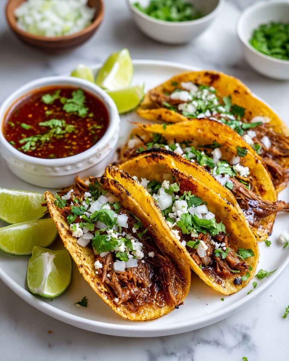A white plate holds four golden brown tacos with a slightly crispy texture and dark spots on their edges. Each taco is filled with shredded meat mixed with chopped white onions and green cilantro leaves, topped with small white cheese crumbles. Around the tacos, there are bright green lime wedges placed for garnish. On the left of the plate, a small white bowl contains red sauce with chopped green herbs and some pieces of white onion floating on top. The plate is set on a white marbled surface, with additional bowls containing chopped onions and lime wedges seen nearby. Photo taken with an iphone --ar 4:5 --v 7