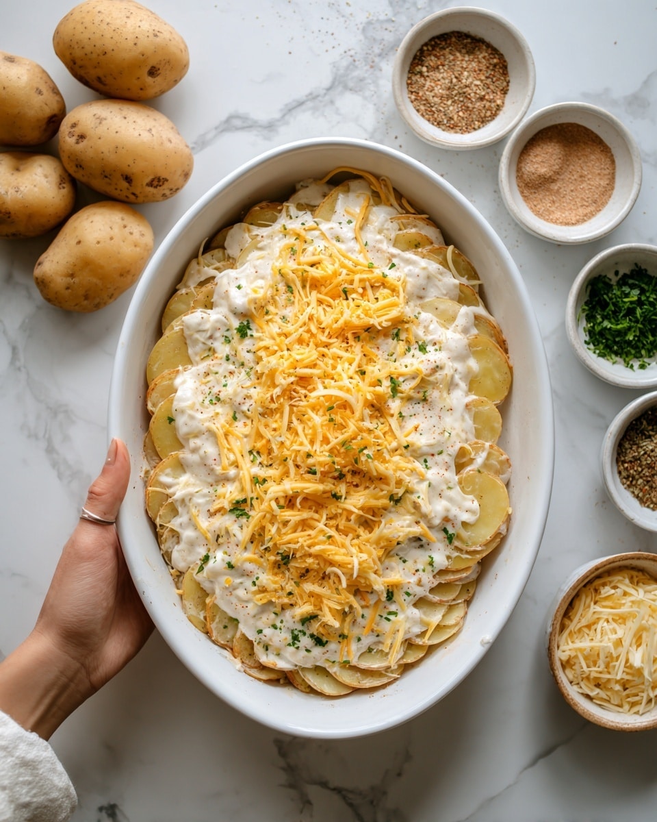 The image shows a white plate with about three layers of scalloped potatoes. The top layer has golden brown spots from baking, with creamy, smooth sauce visible between the thinly sliced potato pieces arranged in overlapping circles. A silver fork rests on the left side of the plate, and the plate is placed on a white marbled surface with a pink cloth napkin to the right. The overall look is warm and inviting, with soft light highlighting the creamy texture of the dish. photo taken with an iphone --ar 4:5 --v 7