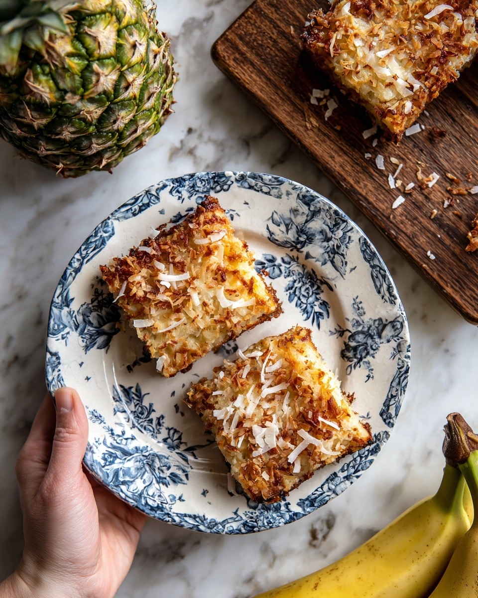 Two golden brown baked slices with toasted coconut flakes on top rest on a white plate with blue floral patterns. The plate is placed on a white marbled surface. A pineapple is visible on the upper left corner, while a partially peeled banana is at the bottom right. To the right side, there is a wooden board with a larger piece of the baked dish, also topped with toasted coconut flakes. A woman's hand partly holds the plate. photo taken with an iphone --ar 4:5 --v 7