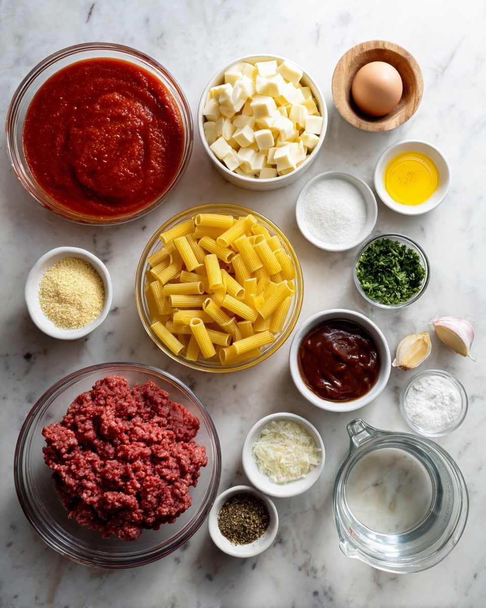 This image shows a variety of cooking ingredients neatly arranged on a white marbled surface. In the center, there is a large clear glass bowl with bright red tomato sauce, next to it a clear bowl holding yellow uncooked rigatoni pasta. Above the pasta, there is a small clear bowl filled with white cubed cheese. To the left of the tomato sauce is a medium clear bowl with deep red raw ground meat. Surrounding these are smaller white and wooden bowls containing various ingredients: a white bowl with light colored breadcrumbs, a small white bowl with yellow mustard, a white bowl with ketchup, a small glass bowl with mixed green herbs, a small wooden bowl of white salt, another small wooden bowl with light beige minced garlic, a small glass measuring cup filled with clear water, a small white bowl of white chopped onions, a small white bowl with dark brown sauce, and a small glass bowl with an uncooked egg. The ingredients are organized in an evenly spaced layout, with simple textures and clear colors. photo taken with an iphone --ar 4:5 --v 7