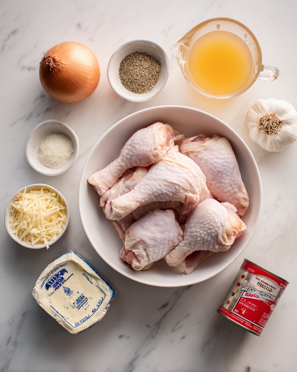 The image shows a white bowl filled with several raw chicken pieces, placed on a white marbled surface. Around the bowl, there is a small white bowl holding grated cheese, another white bowl with ground black pepper, a glass measuring cup with a light orange liquid, a whole onion, three garlic cloves, a small round package of cream cheese with white and blue labeling, a packet of red powdered spices, and a small tin can with a red label. The ingredients are neatly spaced and arranged in a flat lay style, all set on a white marbled background. Photo taken with an iphone --ar 4:5 --v 7