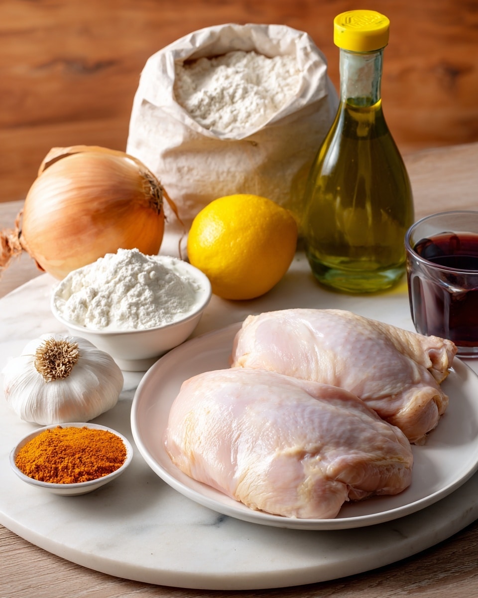 The image shows a white plate with two raw chicken pieces that are pale pink and smooth in texture, sitting on a white marbled surface. Around the plate, there is a white bowl filled with white flour and small amounts of orange and red spices on top. To the left, there is a yellow onion with a papery skin and a whole garlic bulb with rough, white outer skin. Above the chicken plate, there is a bottle of green olive oil with a yellow cap, and to the top left, a beige bag of flour stands upright. Next to the onion, there is a lemon that is bright yellow and smooth, and to the right, a small white cup filled with thick, white yogurt sits near a glass filled with a dark reddish liquid. The setting is on a white marbled surface with a warm wooden background photo taken with an iphone --ar 4:5 --v 7