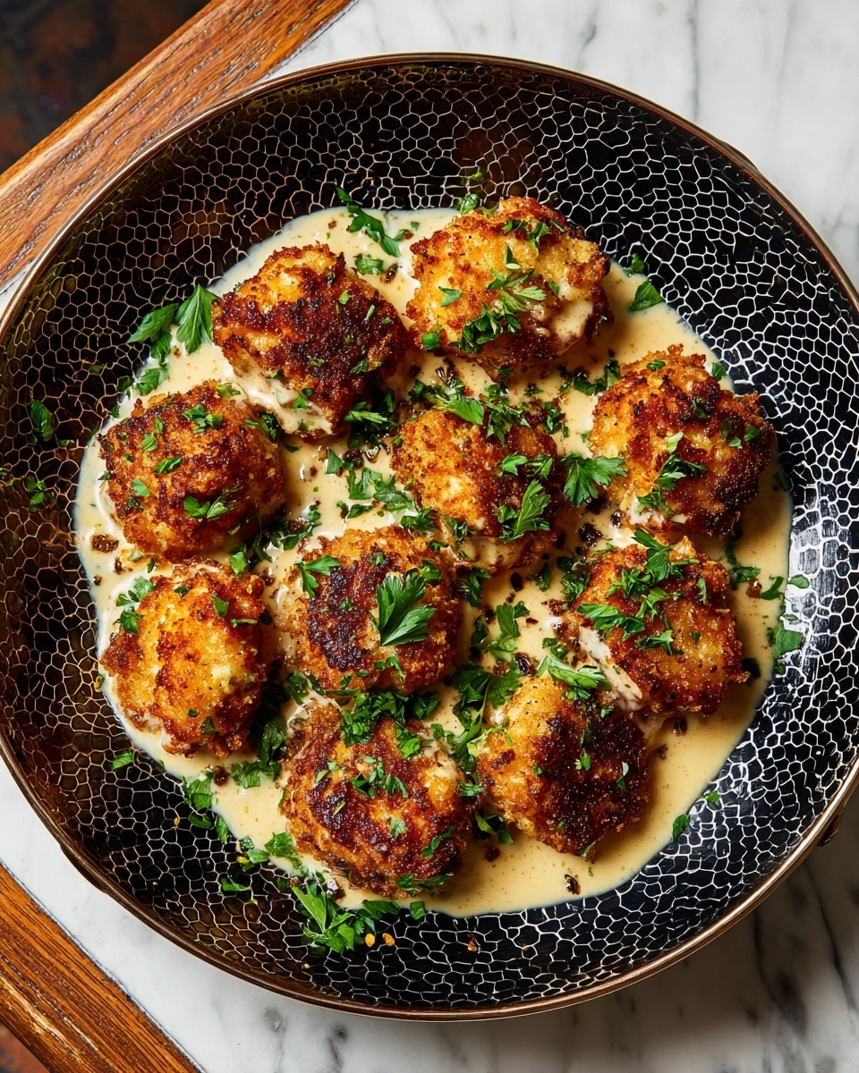 The dish shows a round black frying pan with a hexagon pattern, filled with about eleven pieces of crispy fried food with a golden brown color and crunchy texture, each piece coated with a light cream sauce that pools around the edges and partly covers some pieces. Bright green parsley leaves are sprinkled evenly on top, adding fresh color contrast. The frying pan is placed on a white marbled surface with a small part of a wooden border visible nearby. Photo taken with an iphone --ar 4:5 --v 7