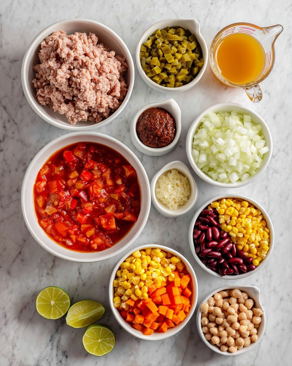 The image shows seven white bowls and a glass measuring cup arranged on a white marbled surface. The largest bowl at the top left holds a mound of raw ground meat with a pale pink color and a soft, textured look. To the right, a smaller bowl contains chopped green pickles in liquid, showing a mix of light and dark green shades and a wet texture. Below the meat, a large bowl is filled with bright red diced tomatoes in a red sauce. To the right of the tomatoes, a bowl contains two layers: the top half is white chopped onion pieces, and the bottom half is small bright orange diced carrot cubes. Below this, a bowl of mixed ingredients shows yellow corn kernels, beige chickpeas, and dark red kidney beans all mixed together. To the left of this is a small bowl with a dark red chili paste, thick and slightly chunky. Above it, a tiny bowl holds finely minced garlic, pale yellow and crumbly. Next to the mixed beans bowl, a small bowl is filled with light golden olive oil. A glass measuring cup filled with orange broth completes the layout. Two lime halves lie near the bottom left side. Photo taken with an iphone --ar 4:5 --v 7
