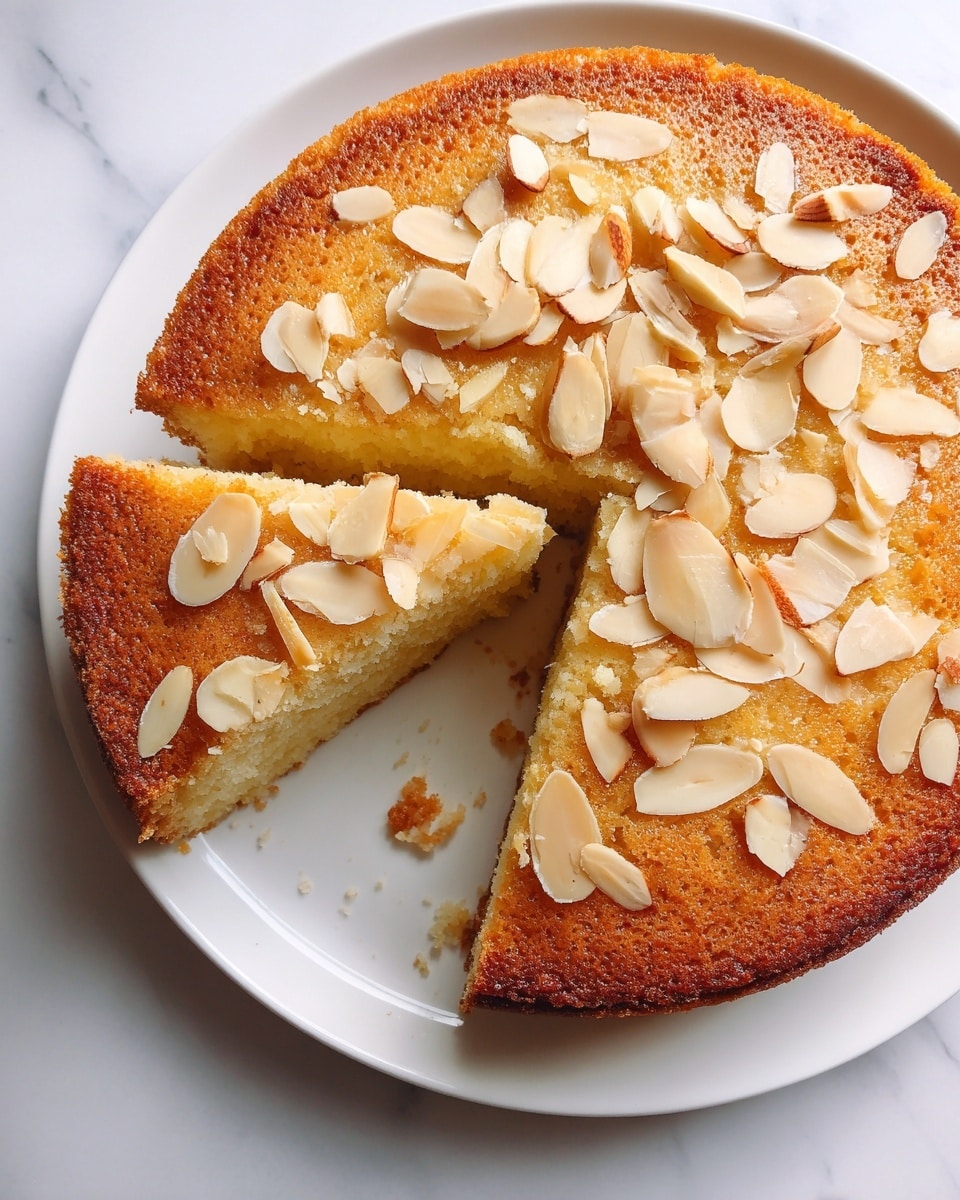 A round cake with a light golden brown crust, topped with thin, pale sliced almonds scattered over the surface. One slice is removed, showing a soft, dense, pale yellow inside layer. The cake has a slight crumbly texture visible on the crust edges. It sits on a white plate on a white marbled surface. photo taken with an iphone --ar 4:5 --v 7