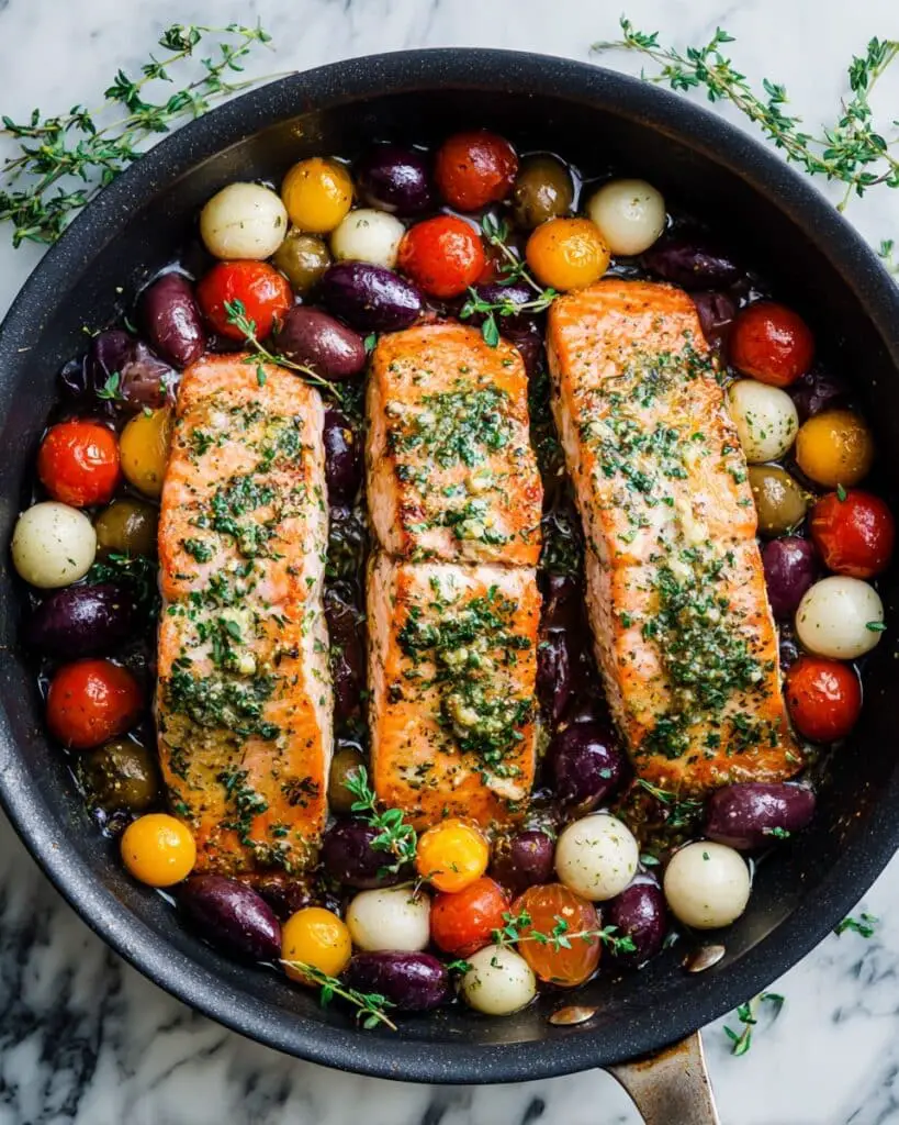 Pan-Seared Salmon with Cherry Tomatoes and Marinated Mozzarella Recipe