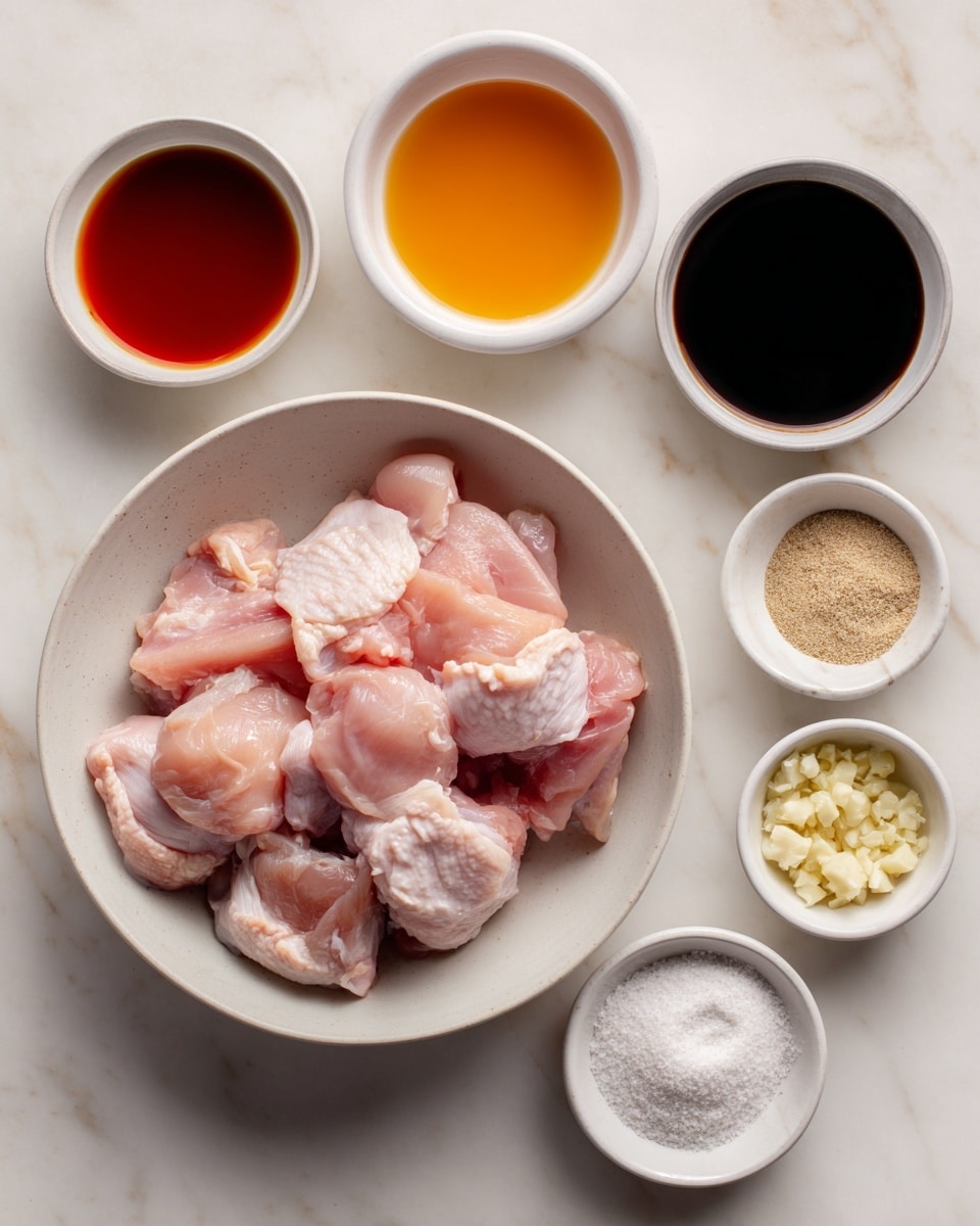 A white bowl with raw chicken pieces sits in the center on a white marbled surface. Around it, there are six small white bowls arranged in a loose circle: one with orange sauce, one with soy sauce that is very dark, one with small chopped garlic, one with light brown sauce, one with a light tan powder, and one with coarse white salt. The textures vary from smooth liquids to coarse powders, creating a vibrant and diverse mix of colors centered on the chicken. Photo taken with an iphone --ar 4:5 --v 7