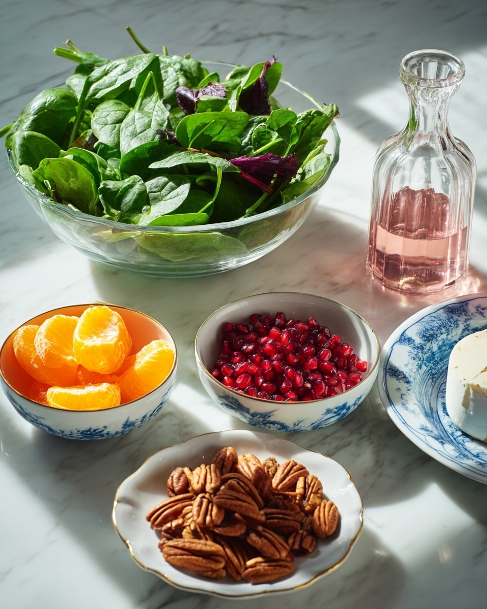 The image shows a collection of salad ingredients arranged on a white marbled surface. There is a large clear glass bowl filled with mixed green leafy vegetables, mostly spinach and some purple leaves, placed in the center back. In front of it, there are three small white bowls with blue rim: one bowl contains bright orange peeled mandarin slices on the left, the middle bowl is filled with shiny red pomegranate seeds, and the right bowl holds a pile of brown pecan nuts. To the far right, a small white plate with blue design holds a round piece of white cheese. To the far left is a clear glass bottle with pink olive oil inside. The whole setup is clean and bright with natural light. photo taken with an iphone --ar 4:5 --v 7