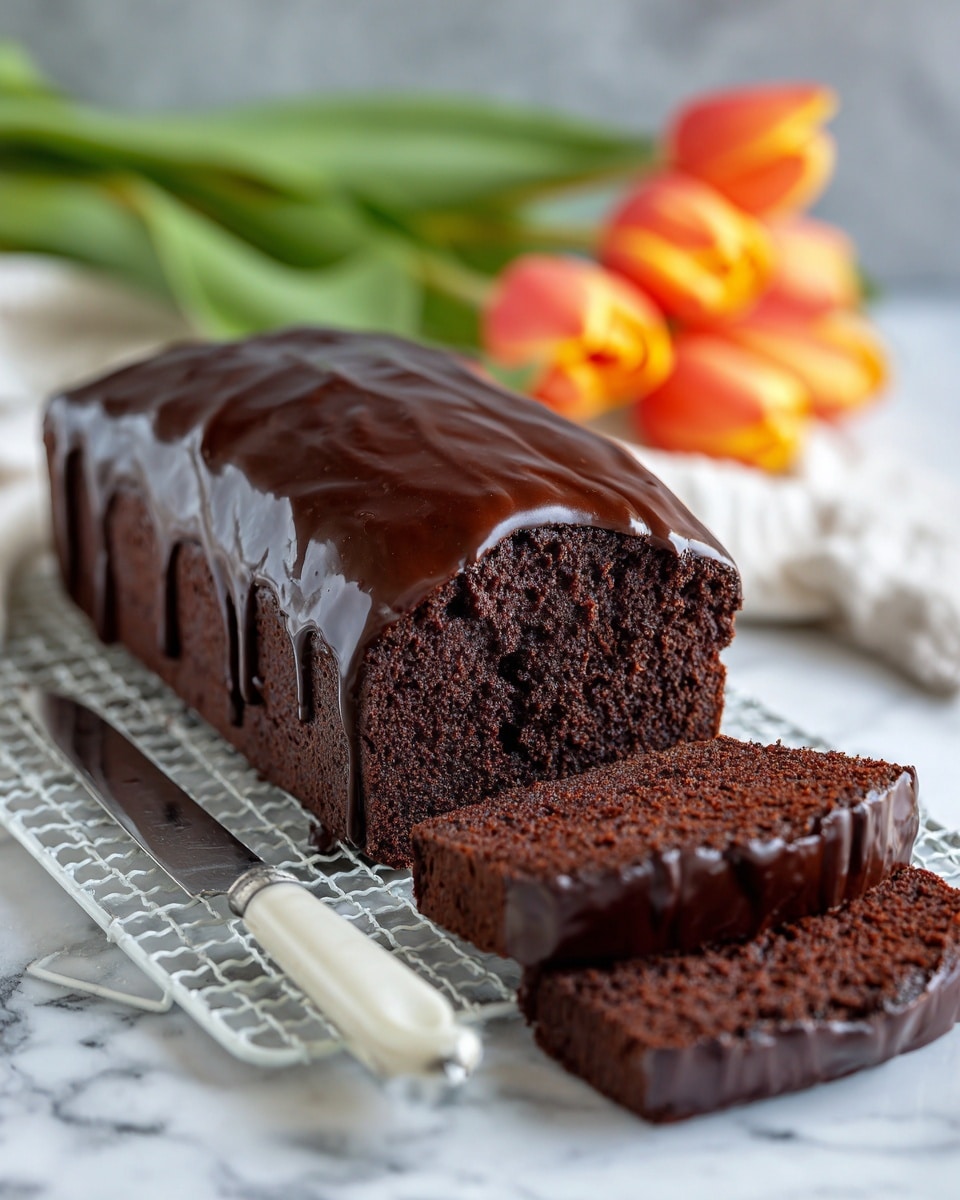 The image shows a loaf of chocolate cake on a white cooling rack over a white marbled surface. The cake has a thick, shiny dark chocolate glaze covering the entire top and dripping slightly down the sides. Two slices of the moist, dark brown chocolate cake are placed in front of the loaf, showing the soft and dense texture inside. A silver knife with a white handle is placed next to the cake. In the background, a bunch of orange tulips with green stems lie on the surface, adding a touch of bright color to the scene. Photo taken with an iphone --ar 4:5 --v 7